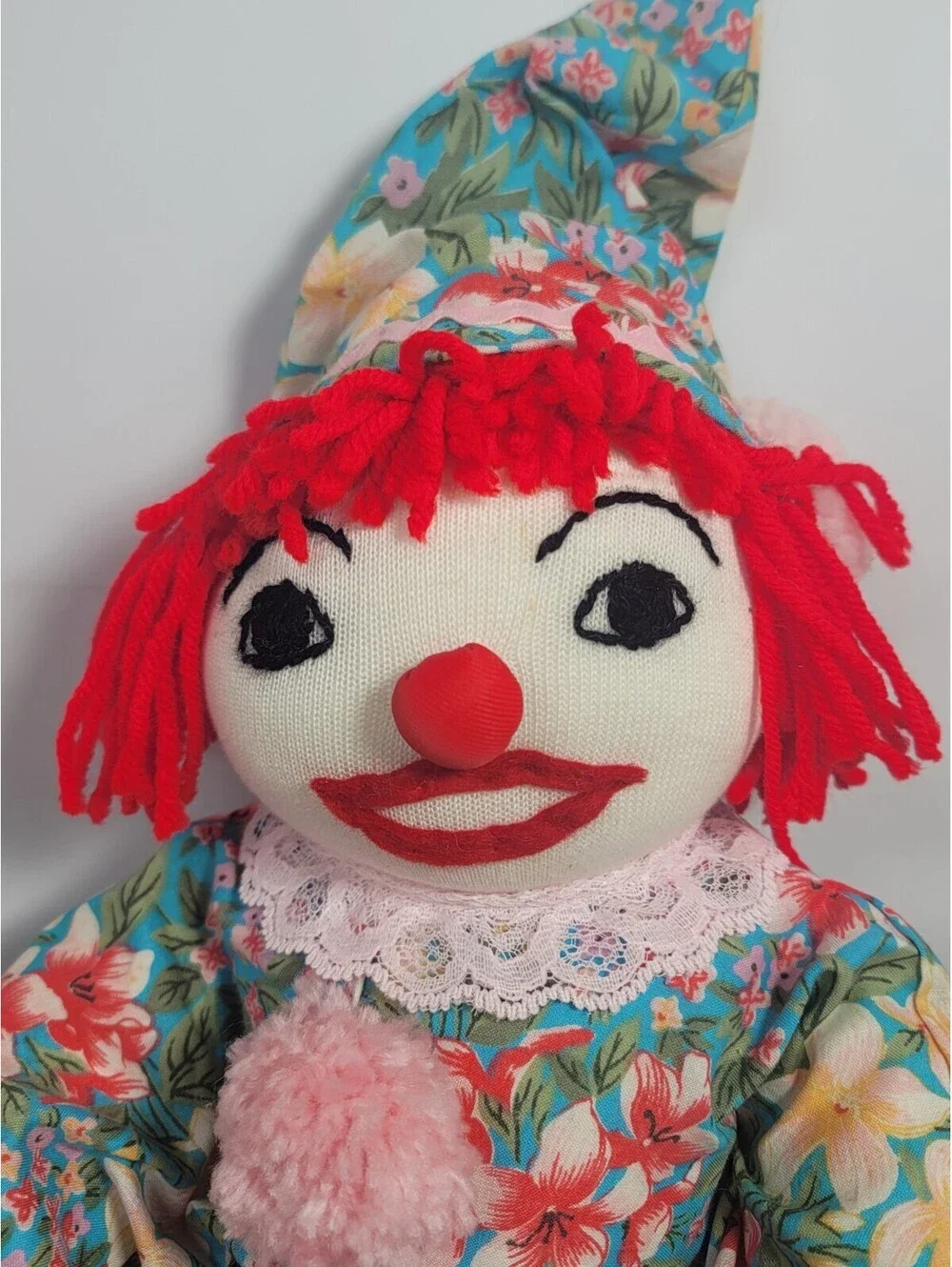 Vintage Handmade Floral Themed Rag Doll Cloth Clown Doll